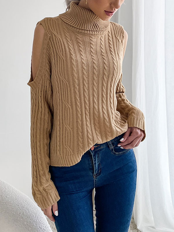 Women's Clothing Sweaters & Cardigans | Women Pullover Sweater Khaki Piping High Collar Long Sleeves Stretch Polyester Sweaters 