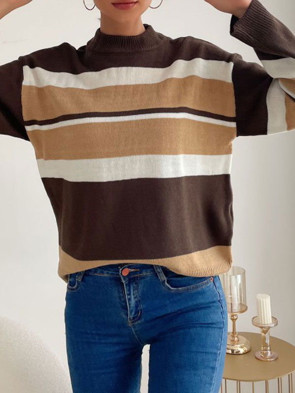 Women's Clothing Sweaters & Cardigans | Pullovers For Women Deep Brown Piping Stripes Jewel Neck Long Sleeves Stretch Polyester 