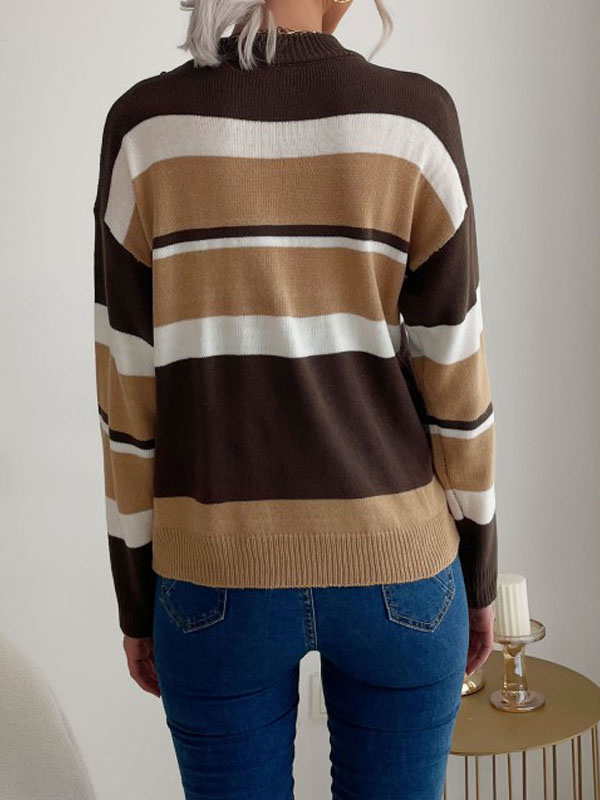 Women's Clothing Sweaters & Cardigans | Pullovers For Women Deep Brown Piping Stripes Jewel Neck Long Sleeves Stretch Polyester 