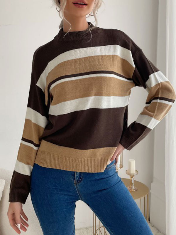 Women's Clothing Sweaters & Cardigans | Pullovers For Women Deep Brown Piping Stripes Jewel Neck Long Sleeves Stretch Polyester 