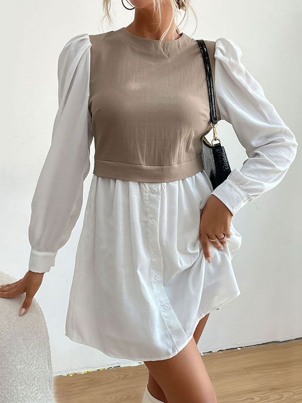 Women's Clothing Dresses | Shirt Dresses Khaki Jewel Neck Pleated Long Sleeves Polyester Two Tone Stretch Midi Dress - KA51062