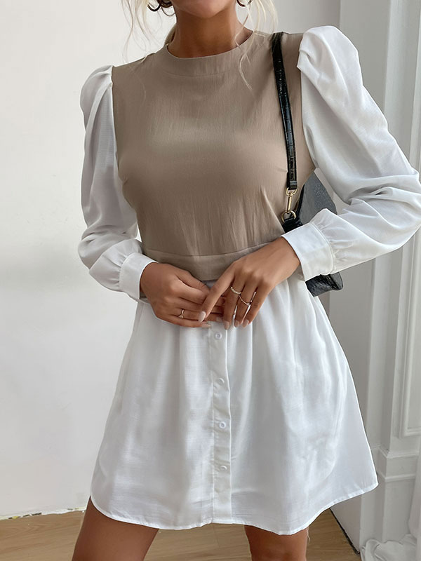 Women's Clothing Dresses | Shirt Dresses Khaki Jewel Neck Pleated Long Sleeves Polyester Two Tone Stretch Midi Dress - OW36412