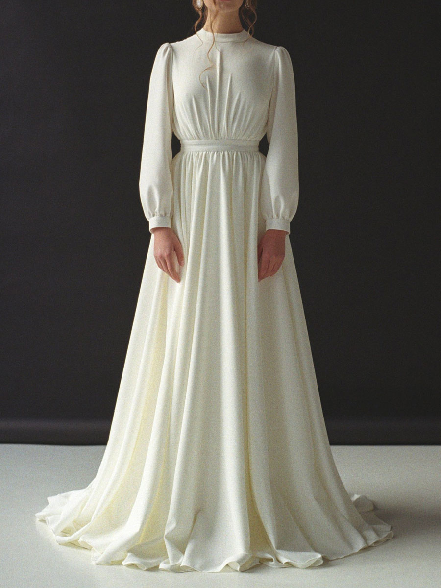 Mariage Robes de mariée | Robe de mariée simple robe de mariage col rond manche longue au sol - MG76719