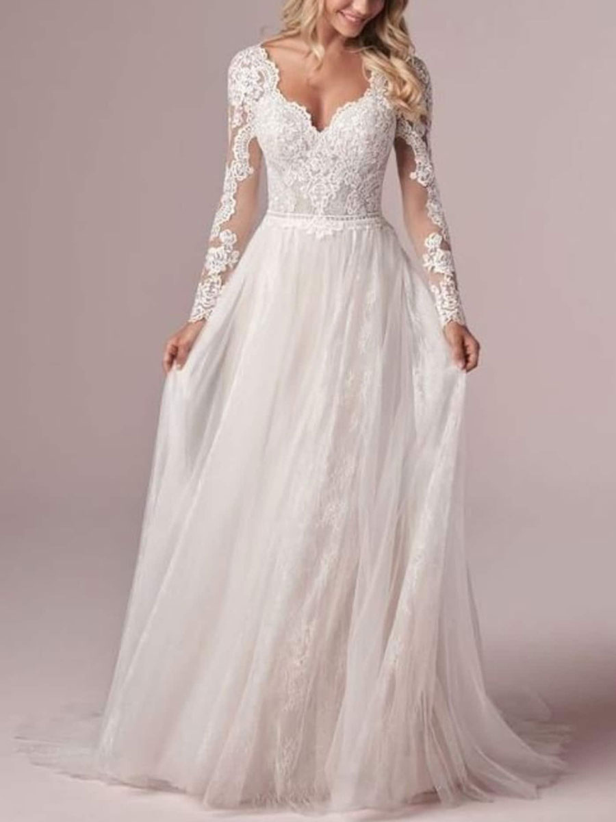 Mariage Robes de mariée | Robe de mariée simple robe de mariage en dentelle col V manche longue transparente décolleté à traîne - ZX19355