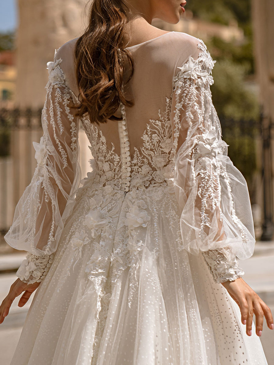 Wedding & Events Wedding Dresses | Ivory Simple Wedding Dress With Train A-Line Jewel Neck Long Sleeves Lace Bridal Gowns - WW10