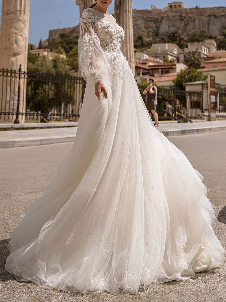 Uitstralen toren Boven hoofd en schouder Ivory Simple Wedding Dress With Train A Line Jewel Neck Long Sleeves Lace Bridal  Gowns - Milanoo.com