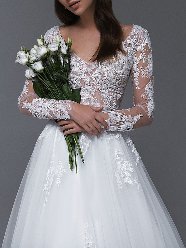 Wedding & Events Wedding Dresses | White Simple Wedding Dress With Train Polyester V-Neck Long Sleeves Lace A-Line Bridal Dresse