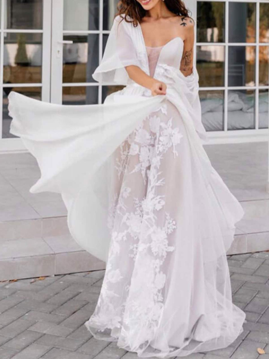 Wedding & Events Wedding Dresses | White Simple Causal Wedding Dress Polyester V-Neck Half Sleeves Backless Lace A-Line Bridal G