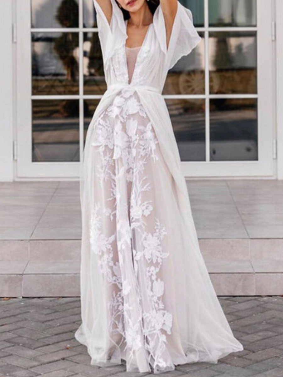 Wedding & Events Wedding Dresses | White Simple Causal Wedding Dress Polyester V-Neck Half Sleeves Backless Lace A-Line Bridal G