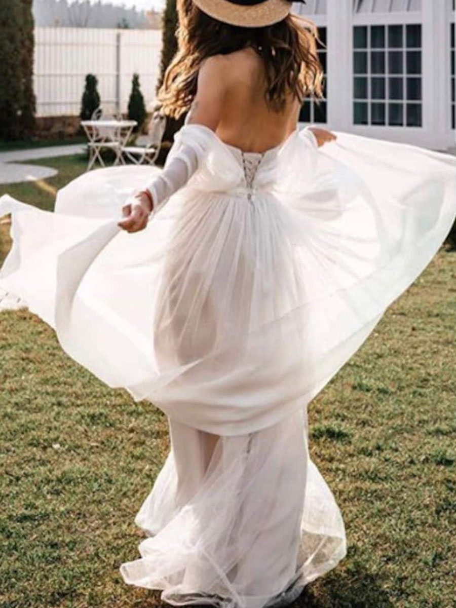 Wedding & Events Wedding Dresses | White Simple Causal Wedding Dress Polyester V-Neck Half Sleeves Backless Lace A-Line Bridal G