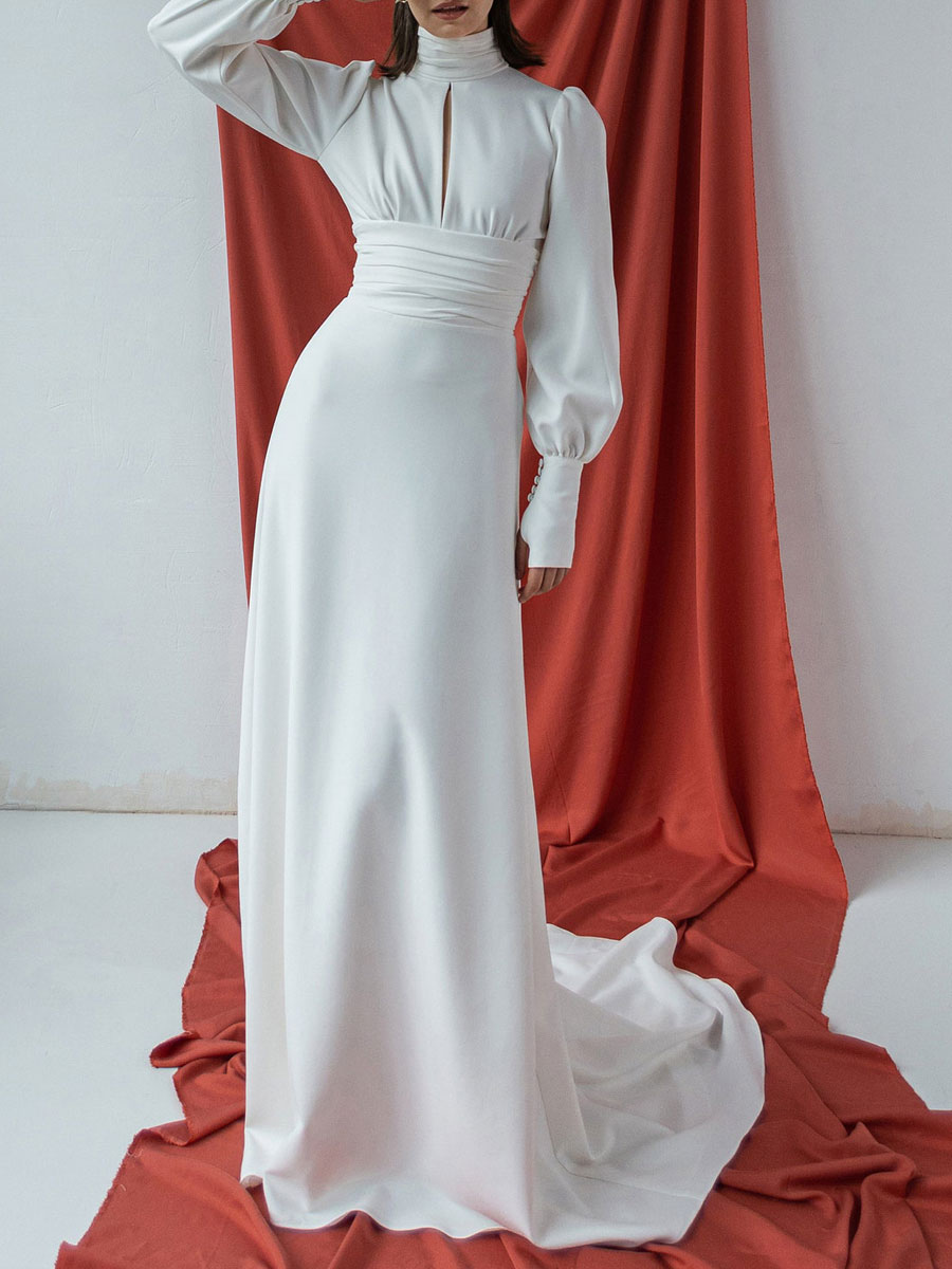 Boda Vestidos de novia | Vestido de novia blanco simple Seda elástica como satén Cuello alto Mangas largas Recortadas Vestidos de novia de una línea - RL89787