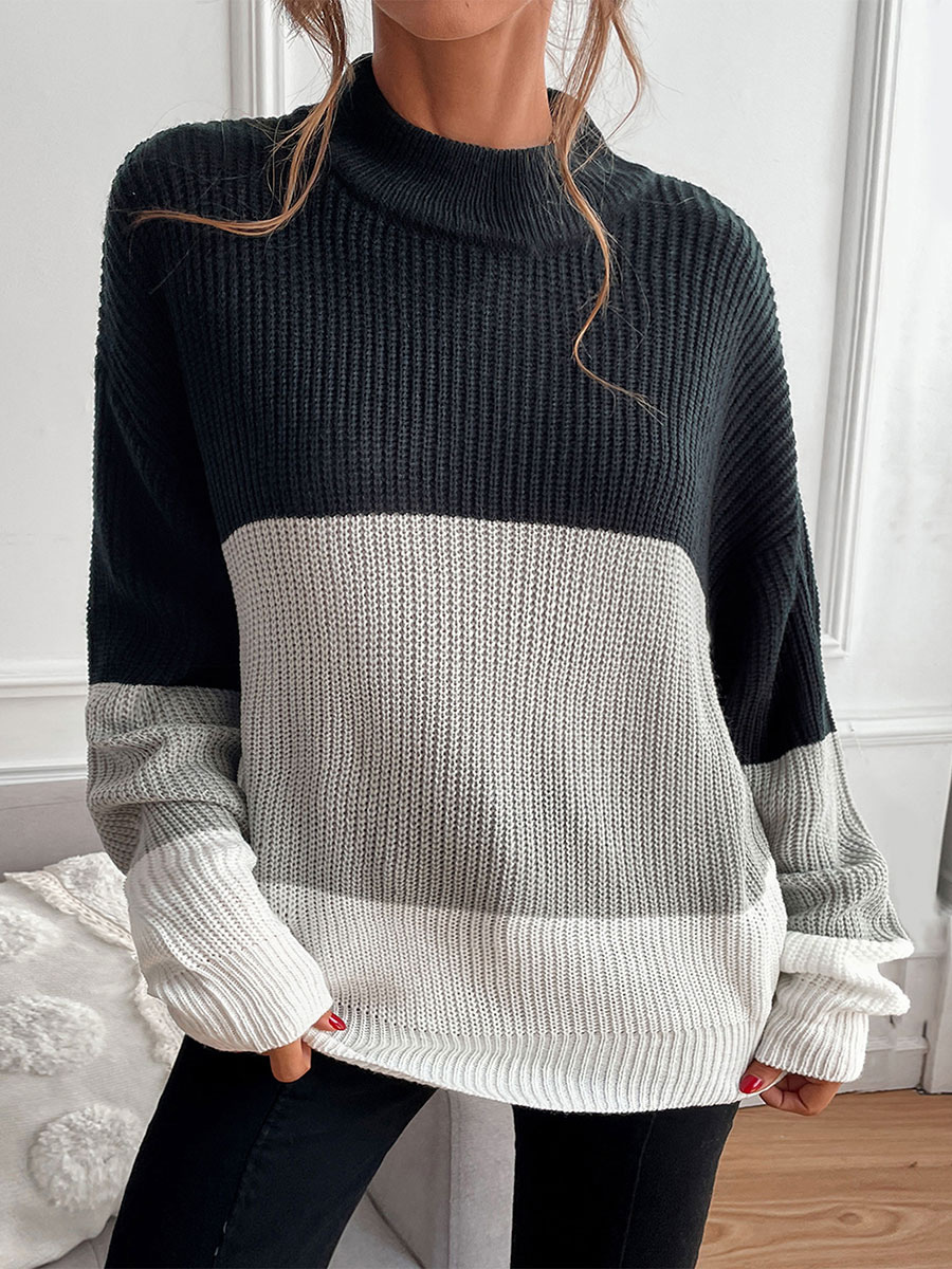 Women's Clothing Sweaters & Cardigans | Pullovers For Women Light Gray Piping Two-Tone Jewel Neck Long Sleeves Stretch Polyester