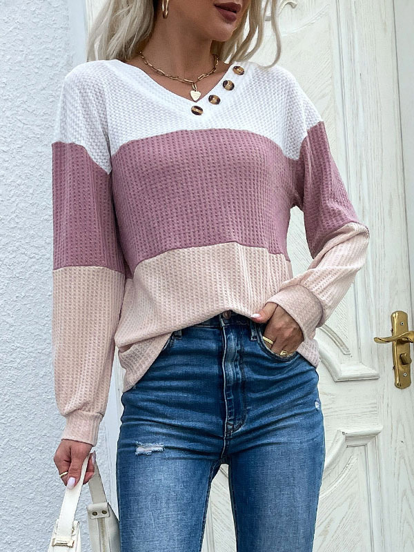 Women's Clothing Sweaters & Cardigans | Pullovers For Women Pink Buttons Color Block V-Neck Long Sleeves Stretch Polyester Sweat