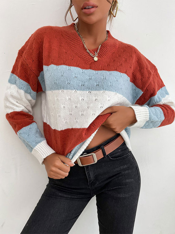 Women's Clothing Sweaters & Cardigans | Pullovers For Women Hazel Stripes Sweetheart Neck Long Sleeves Stretch Polyester Sweater