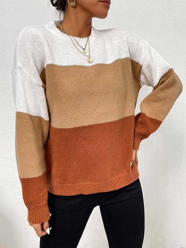 Women's Clothing Sweaters & Cardigans | Women Pullover Sweater Coffee Brown Piping Stripes Jewel Neck Long Sleeves Stretch Polye