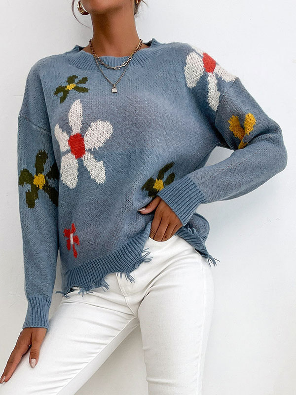 Women's Clothing Sweaters & Cardigans | Women Pullover Sweater Blue Gray Floral Printed Jewel Neck Long Sleeves Stretch Polyeste