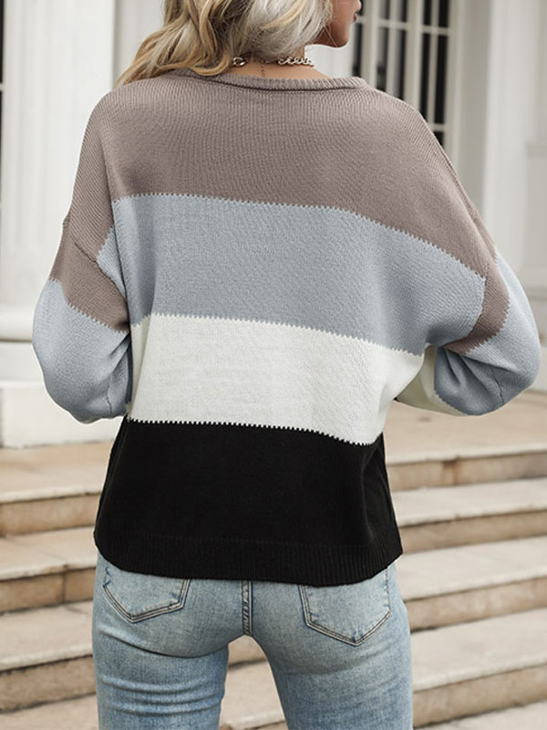 Women's Clothing Sweaters & Cardigans | Women Pullover Sweater Coffee Brown Piping Stripes Jewel Neck Long Sleeves Stretch Polye