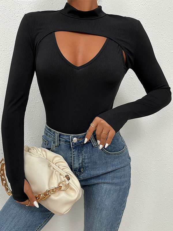 Women's Clothing Tops | Bodysuit Black Long Sleeves Piping Stretch Jewel Neck Casual Polyester Women Top - BN46565