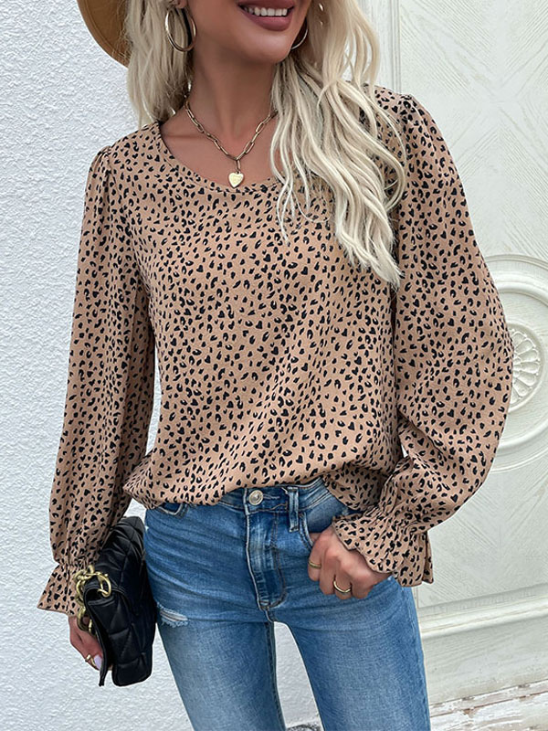 Women's Clothing Tops | Blouse For Women Khaki Polyester Jewel Neck Stretch Casual Leopard Print Pleated Long Sleeves T Shirt - TK30531