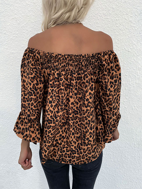 Women's Clothing Tops | Blouse For Women Khaki Leopard Print Stretch Pleated Bateau Neck Casual 3/4 Length Sleeves Polyester T Shirt - JQ45522