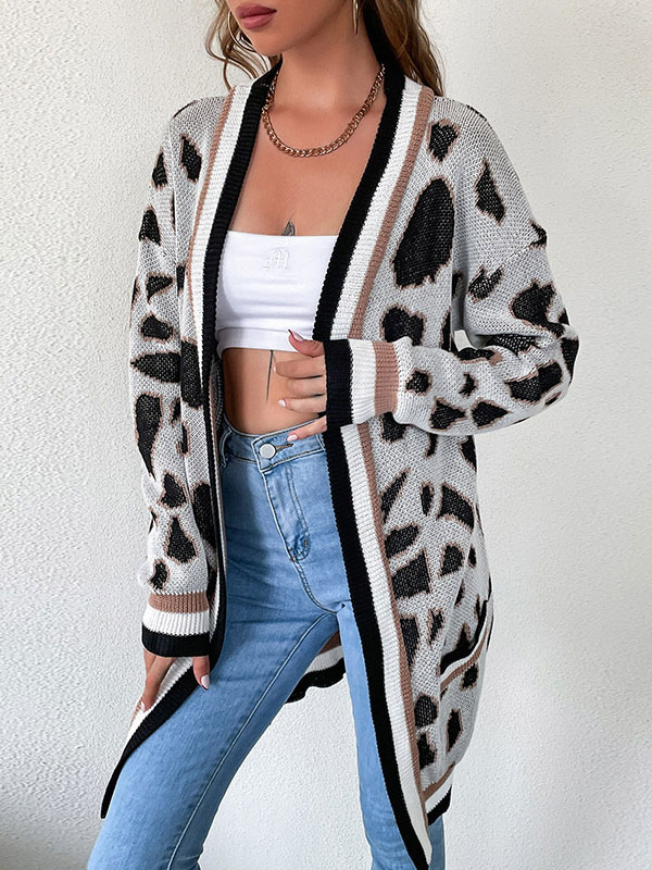 Women's Clothing Sweaters & Cardigans | Sweaters Cardigans White Polyester Printed Piping Long Sleeves Stretch Cardigans - FR144