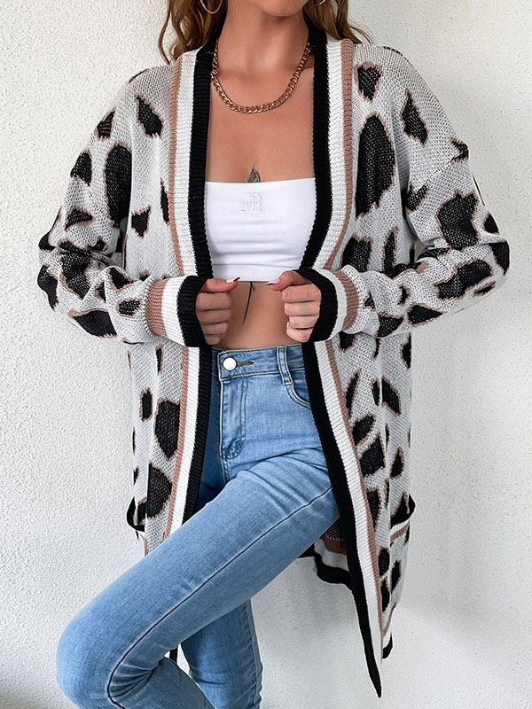 Women's Clothing Sweaters & Cardigans | Sweaters Cardigans White Polyester Printed Piping Long Sleeves Stretch Cardigans - FR144