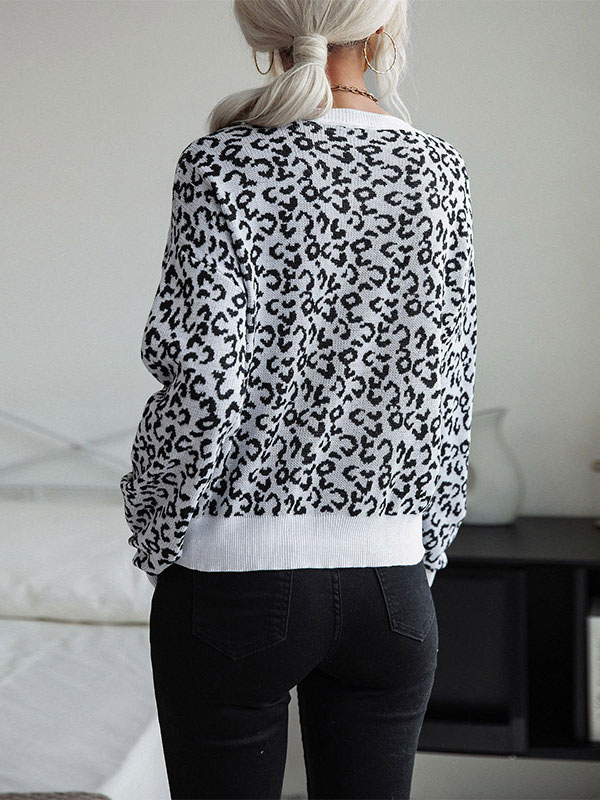 Women's Clothing Sweaters & Cardigans | Women Pullover Sweater Grey Piping Leopard Print Jewel Neck Long Sleeves Stretch Polyest