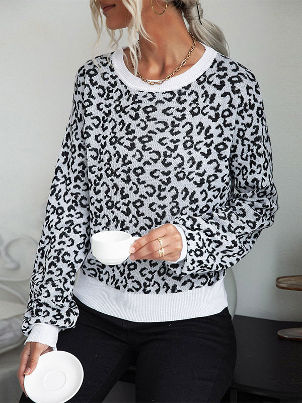 Women's Clothing Sweaters & Cardigans | Women Pullover Sweater Grey Piping Leopard Print Jewel Neck Long Sleeves Stretch Polyest