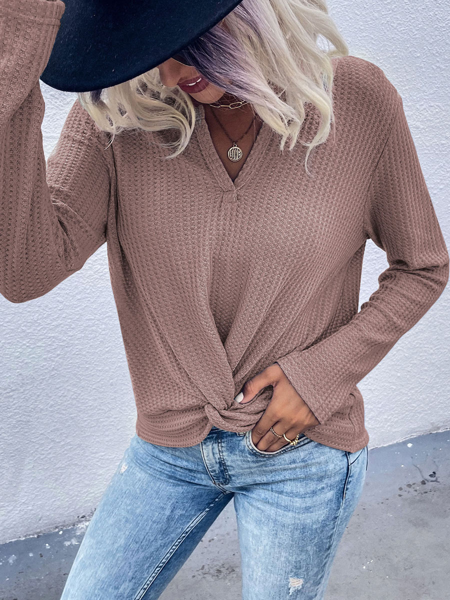 Mode Femme Tops | T-shirt Court Femme à Col V avec Manches Longues Unicolore Blouse Femme - UC92625