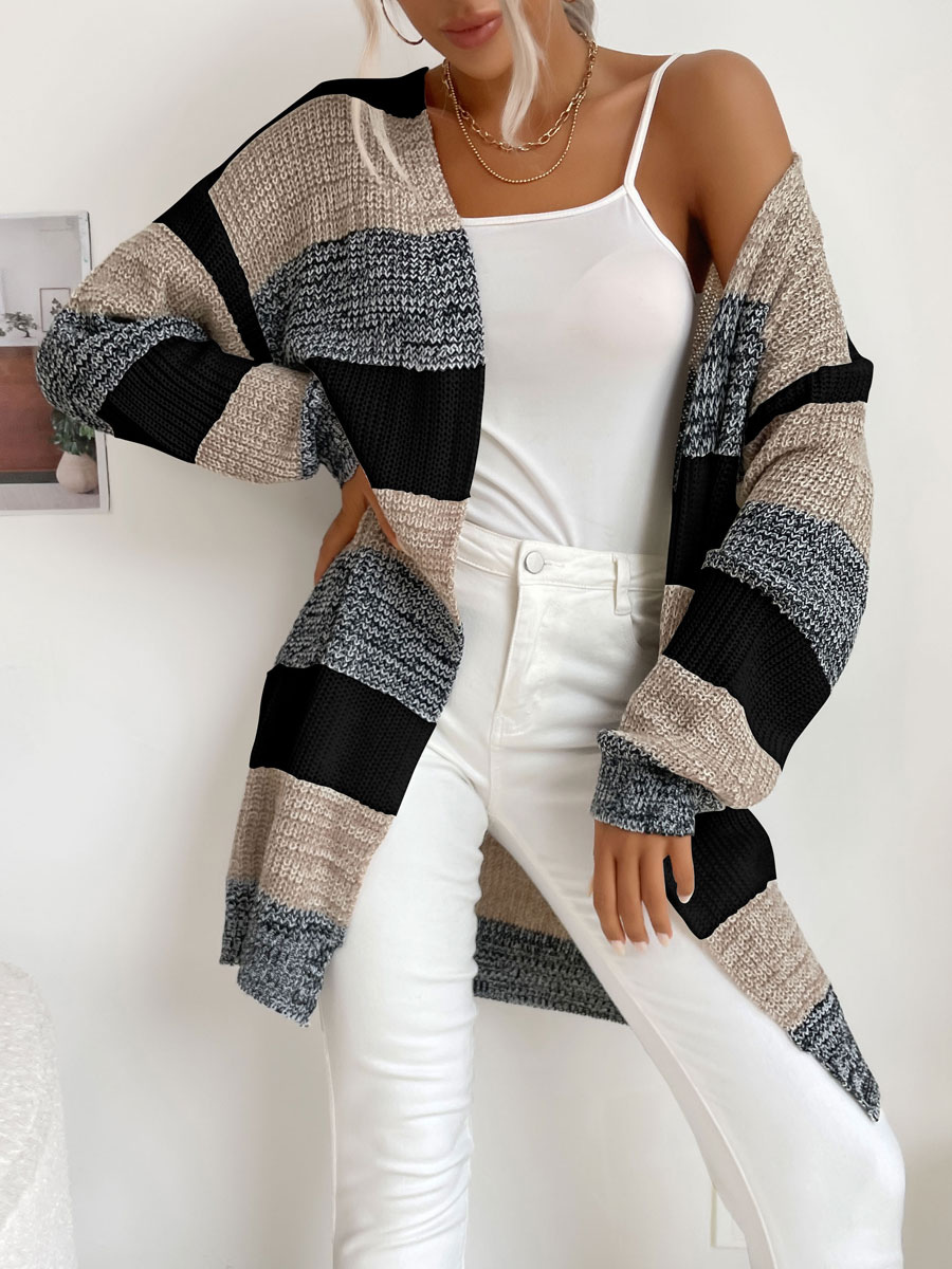 Women's Clothing Sweaters & Cardigans | Sweaters Cardigans Black Polyester Stripes Piping Long Sleeves Stretch Cardigans - FF564