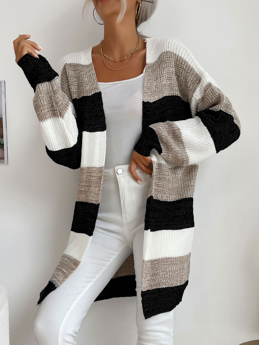 Women's Clothing Sweaters & Cardigans | Sweaters Cardigans Black Polyester Stripes Piping Long Sleeves Stretch Cardigans - FF564