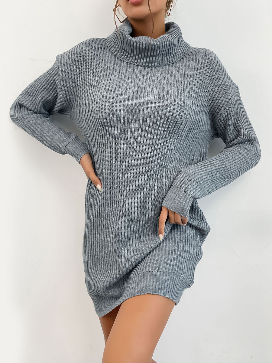 Women's Clothing Dresses | Knitted Dress For Women Charming Piping Polyester Long Sleeves Stretch High Collar Grey Tunic Dress - KB34624