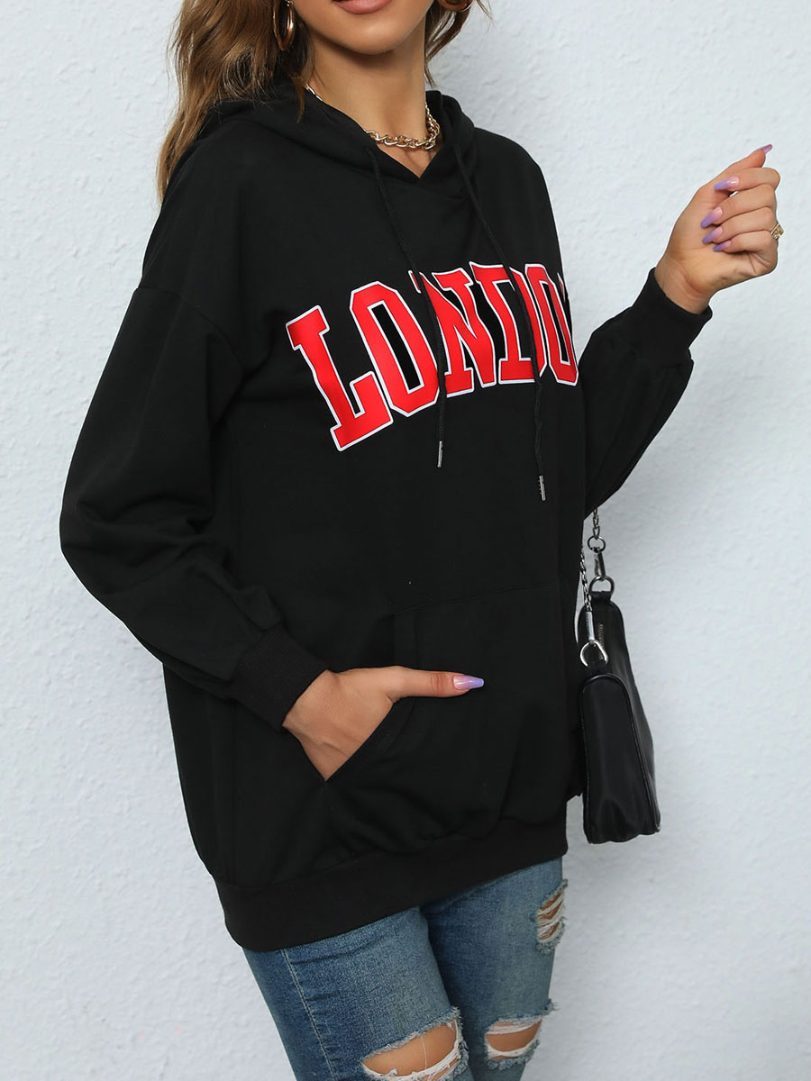 Women's Clothing Outerwear | Hoodie For Woman Black Long Sleeves Letters Print Piping Polyester Hooded Sweatshirt Cozy Active Outerwear - EA70705