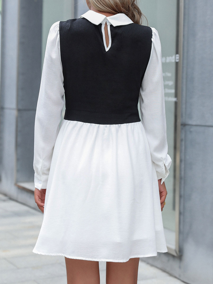 Women's Clothing Dresses | Shirt Dresses White Turndown Collar Piping Long Sleeves Polyester Two-Tone Stretch Midi Dress - HM62260