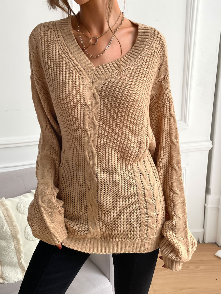 Women's Clothing Sweaters & Cardigans | Women Pullover Sweater Khaki Piping V-Neck Long Sleeves Stretch Polyester Sweaters - EB2