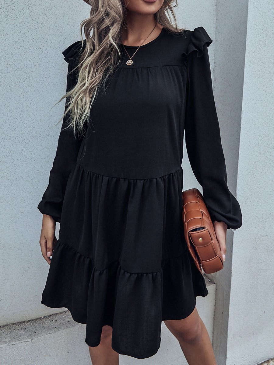 Women's Clothing Dresses | Shift Dresses Black Jewel Neck Attractive Pleated Polyester Stretch Tunic Dress - QO02192
