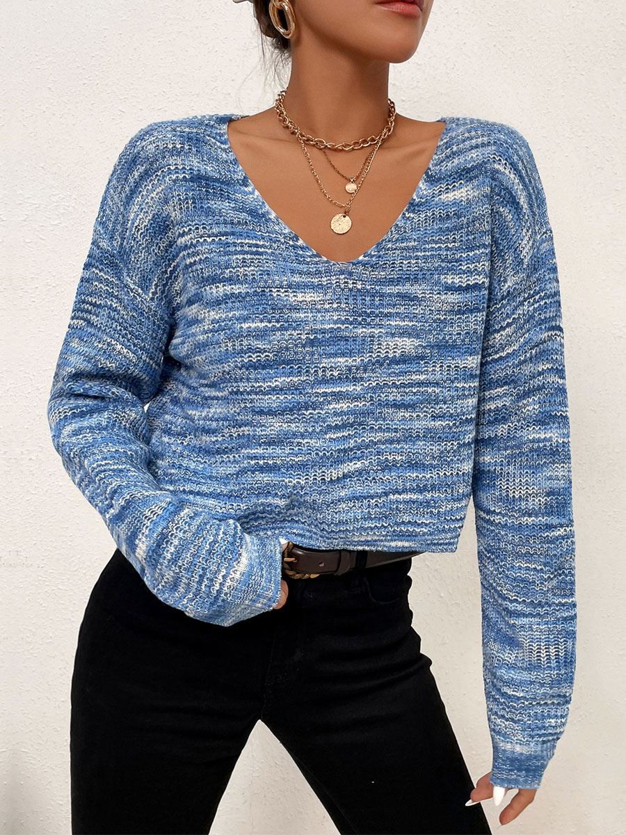 Women's Clothing Sweaters & Cardigans | Women Pullover Sweater Blue Piping Printed V-Neck Long Sleeves Oversized Polyester Sweat