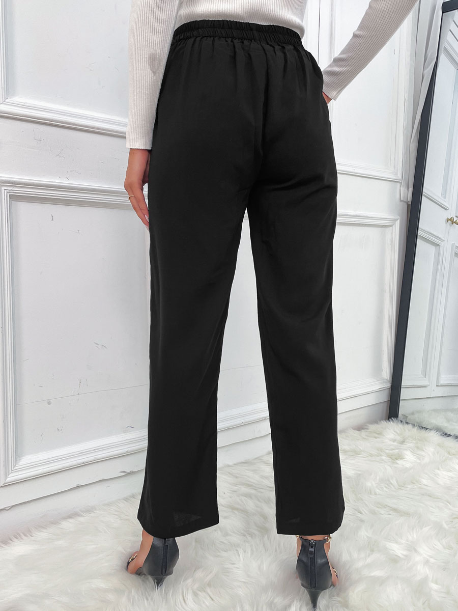 Women's Clothing Women's Bottoms | Pants Black Pleated Polyester Stretch Raised Waist Straight Trousers - EZ99109