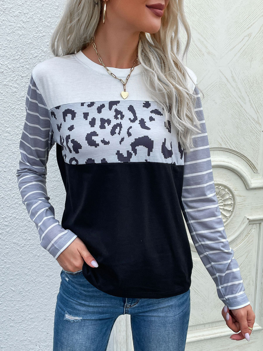 Women's Clothing Tops | Black Blouse For Women Long Sleeves Polyester Printed Oversized Piping Jewel Neck T Shirt - ZF38728