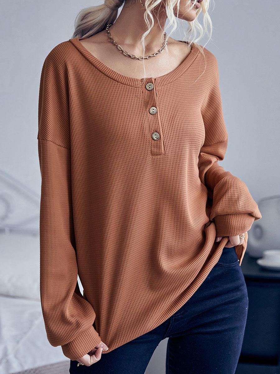 Women's Clothing Sweaters & Cardigans | Women Pullover Sweater Coffee Brown Buttons Jewel Neck Long Sleeves Oversized Polyester 