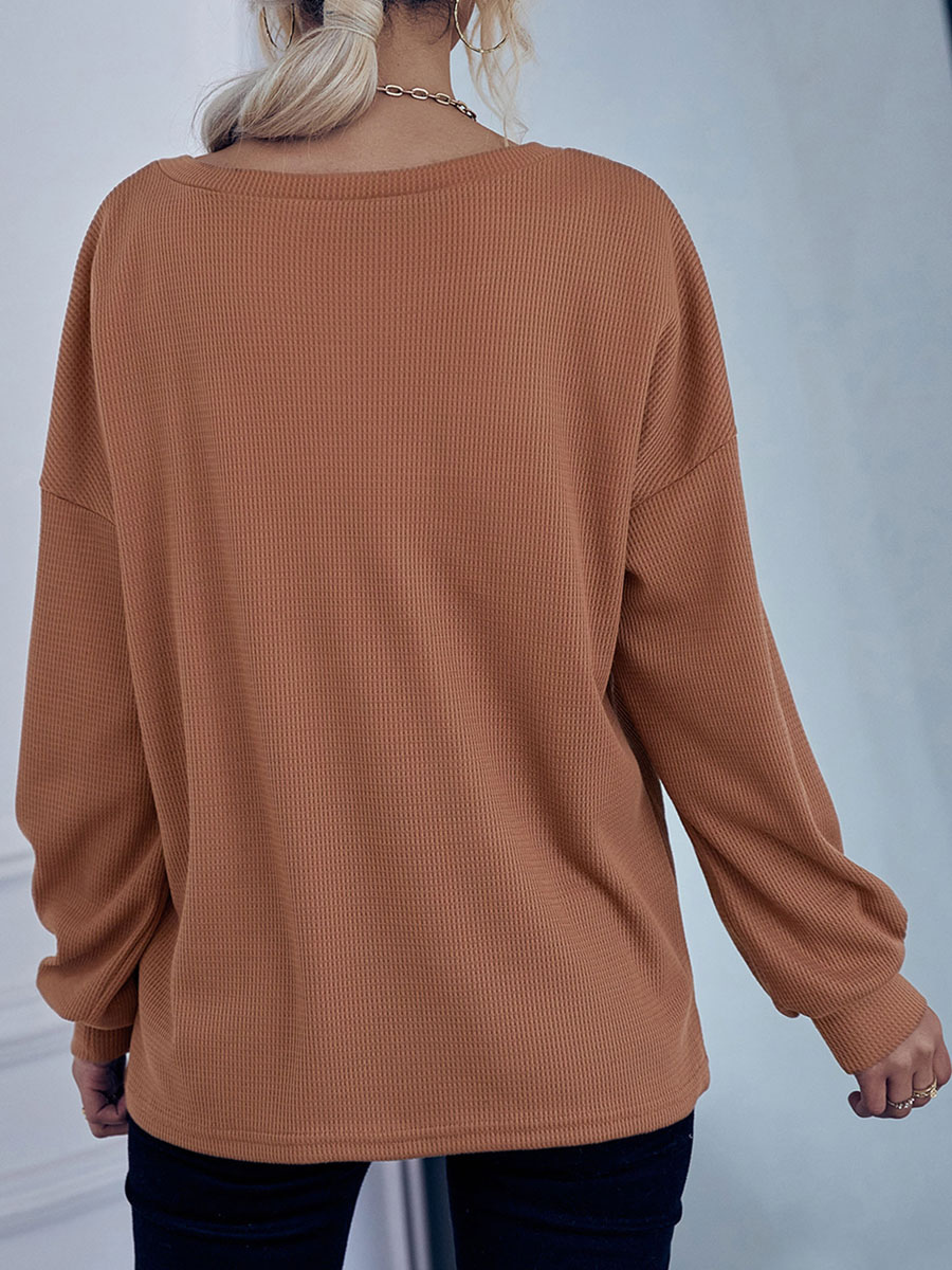 Women's Clothing Sweaters & Cardigans | Women Pullover Sweater Coffee Brown Buttons Jewel Neck Long Sleeves Oversized Polyester 