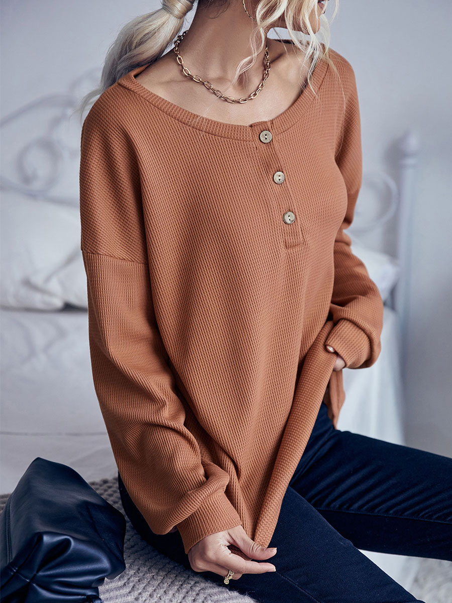 Women's Clothing Sweaters & Cardigans | Women Pullover Sweater Coffee Brown Buttons Jewel Neck Long Sleeves Oversized Polyester 