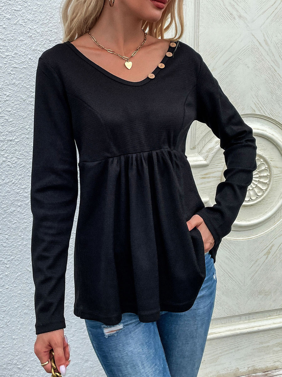 Women's Clothing Tops | Black Blouse For Women Long Sleeves Polyester Buttons Pleated V-Neck Oversized T Shirt - ZU11684