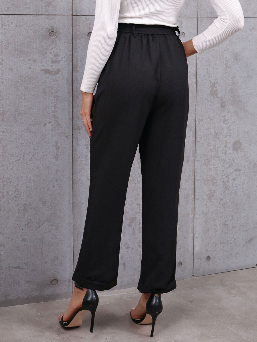 Women's Clothing Women's Bottoms | Pants Black Sash Polyester Stretch Raised Waist Straight Trousers - CS77296