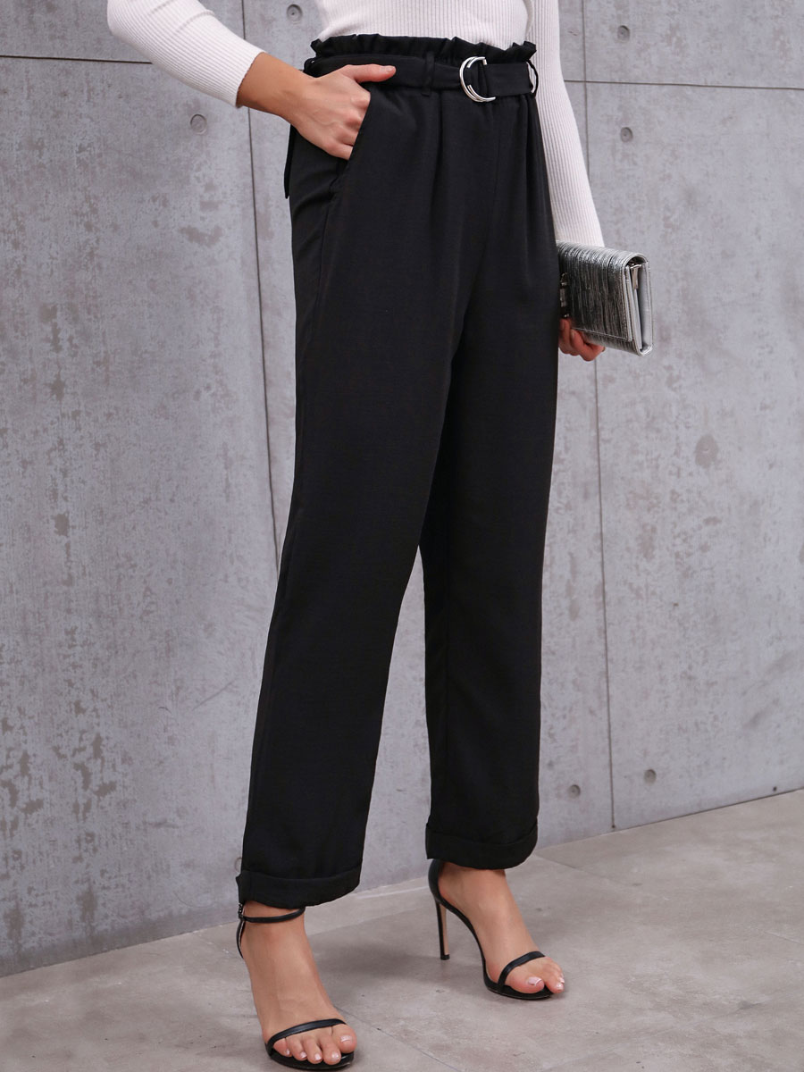 Women's Clothing Women's Bottoms | Pants Black Sash Polyester Stretch Raised Waist Straight Trousers - CS77296