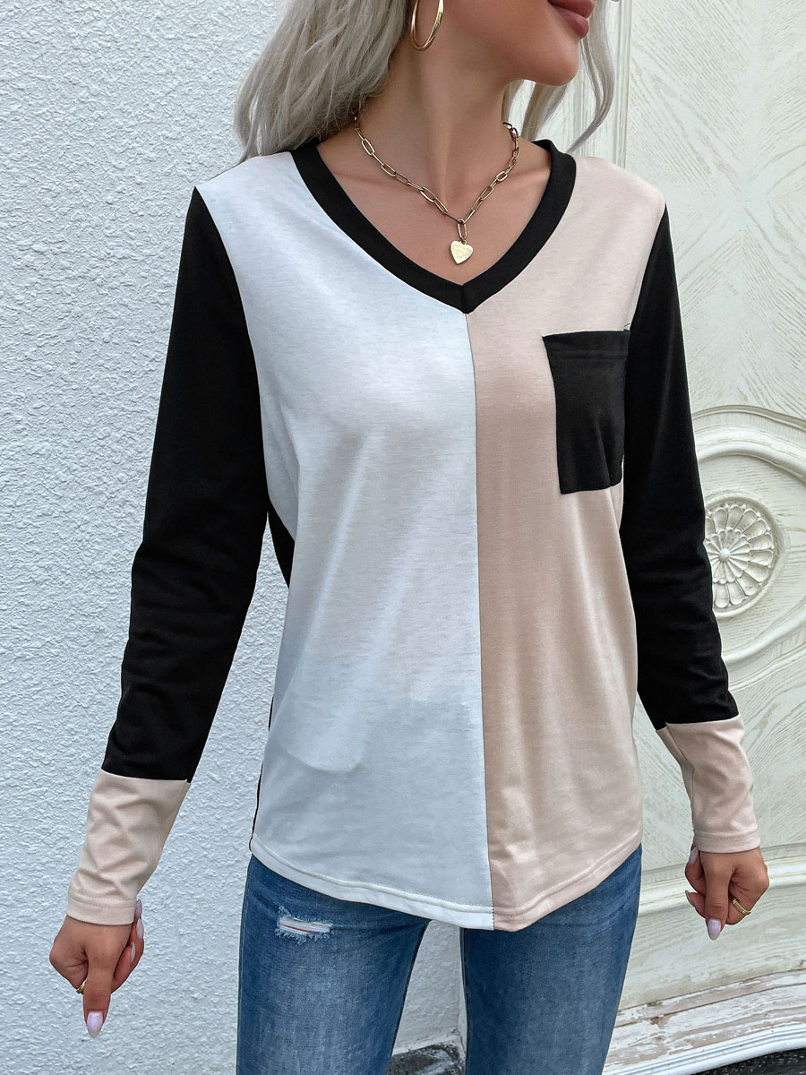 Women's Clothing Tops | Black Blouse For Women Long Sleeves Polyester Color Block Oversized Piping Pockets V-Neck Women T Shirt - TQ24192