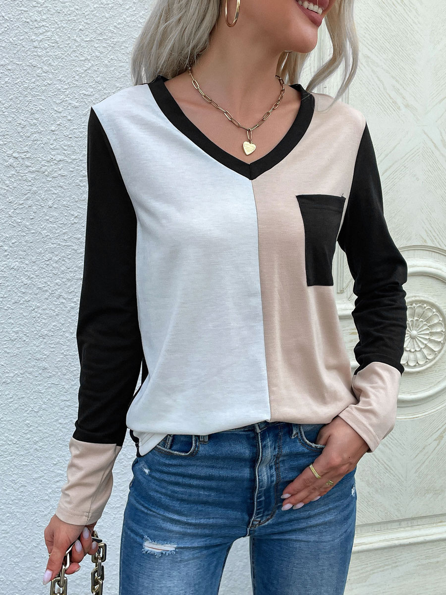 Women's Clothing Tops | Black Blouse For Women Long Sleeves Polyester Color Block Oversized Piping Pockets V-Neck Women T Shirt - TQ24192