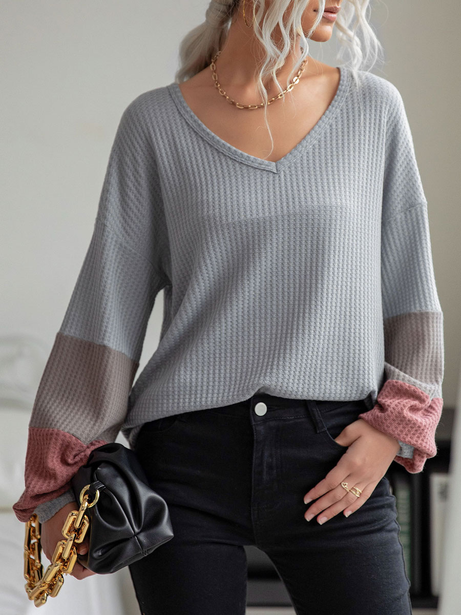 Women's Clothing Tops | Light Gray Blouse For Women Long Sleeves Color Block Oversized Piping V-Neck Polyester T Shirt - OR06458