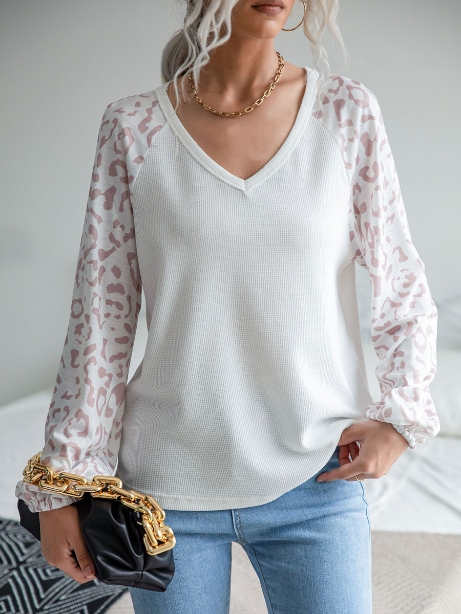 Mode Femme Tops | T-shirt Blouse Imprimé Femme à Col V avec Manches Longues Amples Unicolore - ST27683