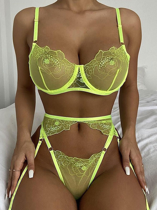 Lingerie Bras & Panties | Bras For Women Panty Bra Garter Yellow Lace Polyester Sexy Lingerie Outfit - JS21676